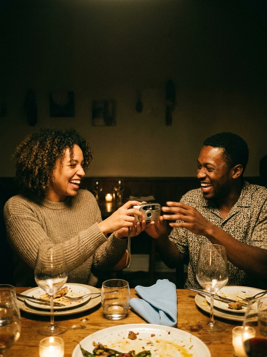 Two friends passing a compact camera across a dinner table