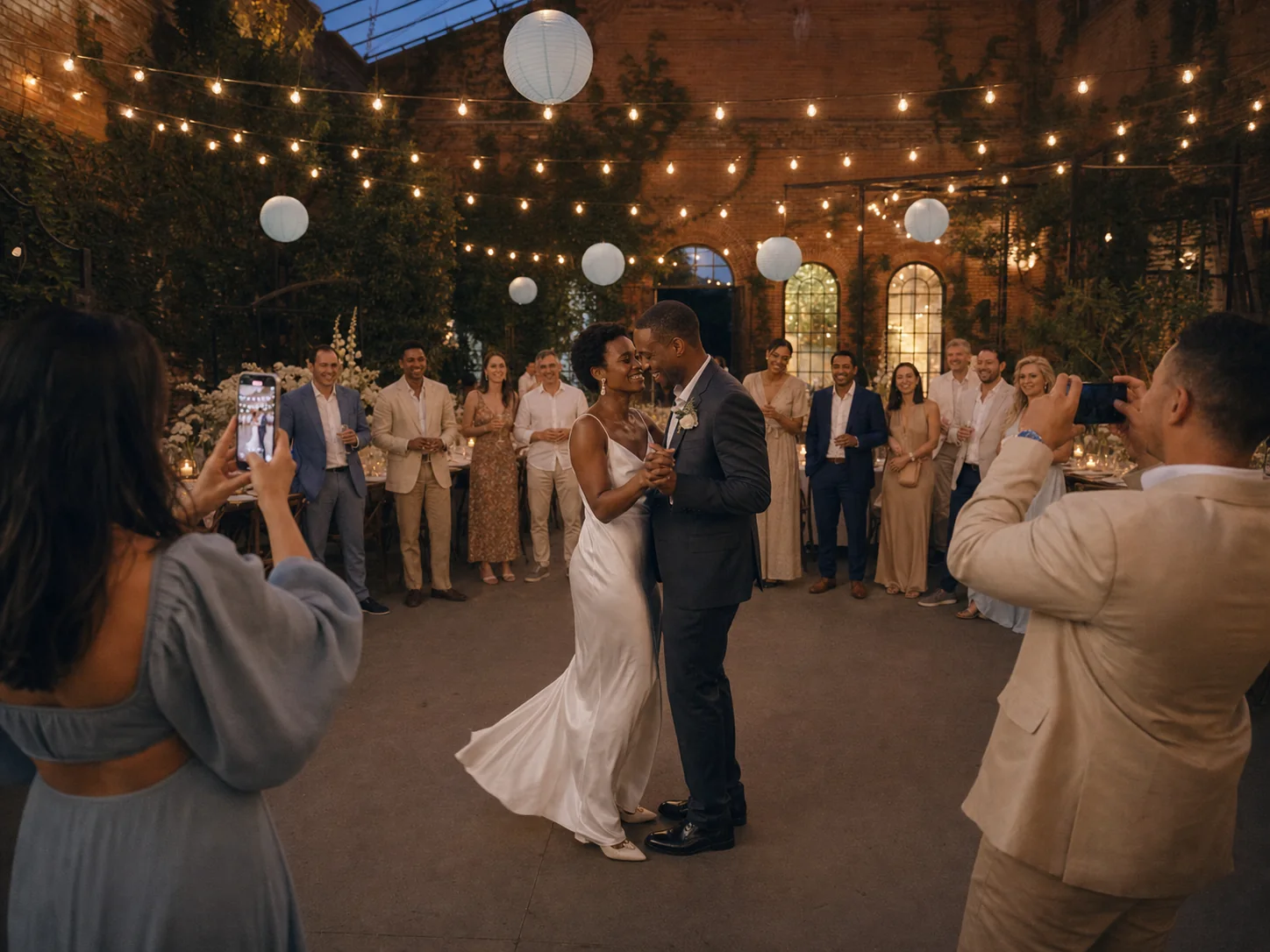 The newlyweds dancing while guests photograph them from both sides