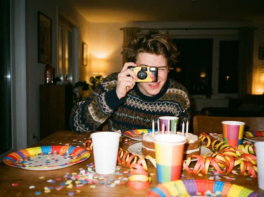 A host raising a disposable camera at a party table