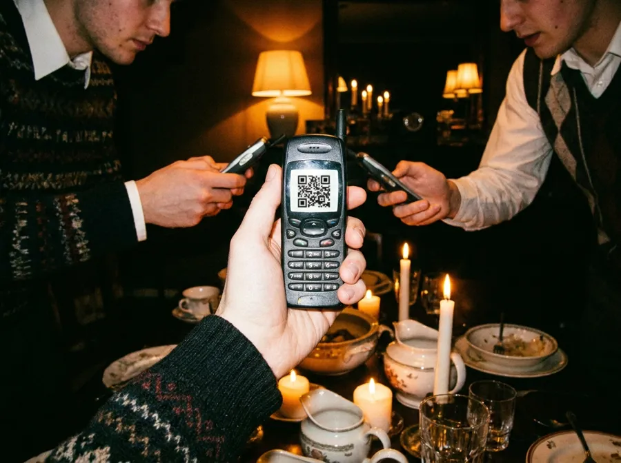 Guests scanning a QR code at a candlelit table