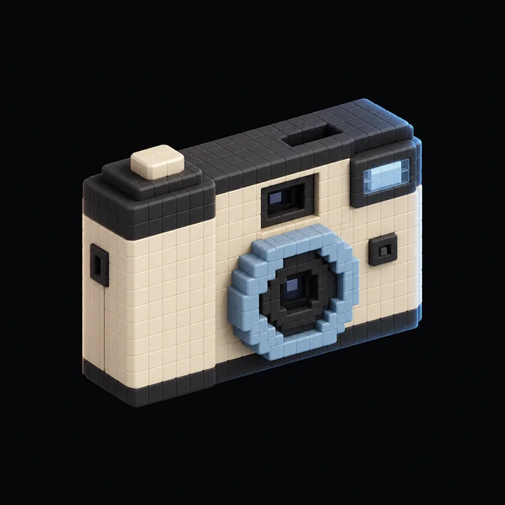 A small voxel-style Toss Cam camera