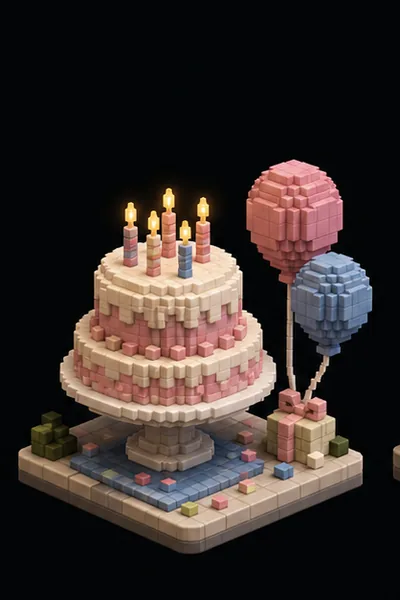 Voxel-style birthday scene representing a shared album waiting for its reveal