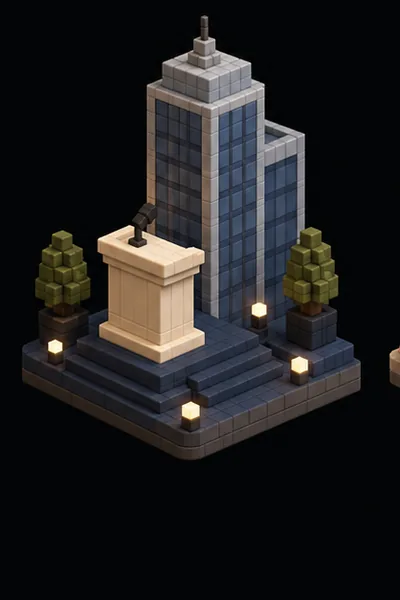Voxel-style company event scene with guests contributing photos to Toss Cam