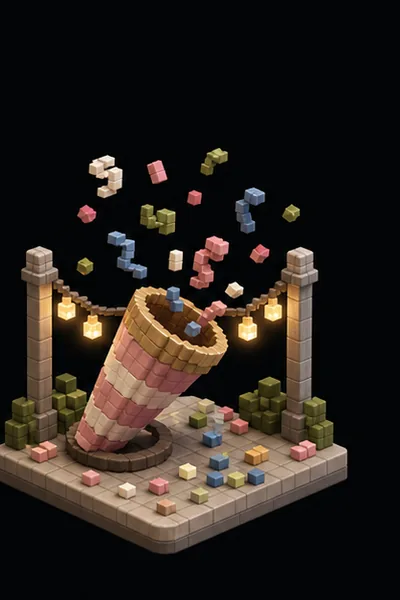 Voxel-style party table with a phone ready to join a shared Toss Cam event