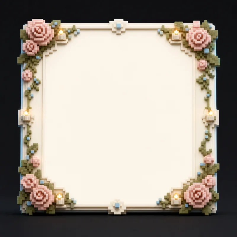 Voxel-style framed event invitation illustrating controlled access to a shared photo event