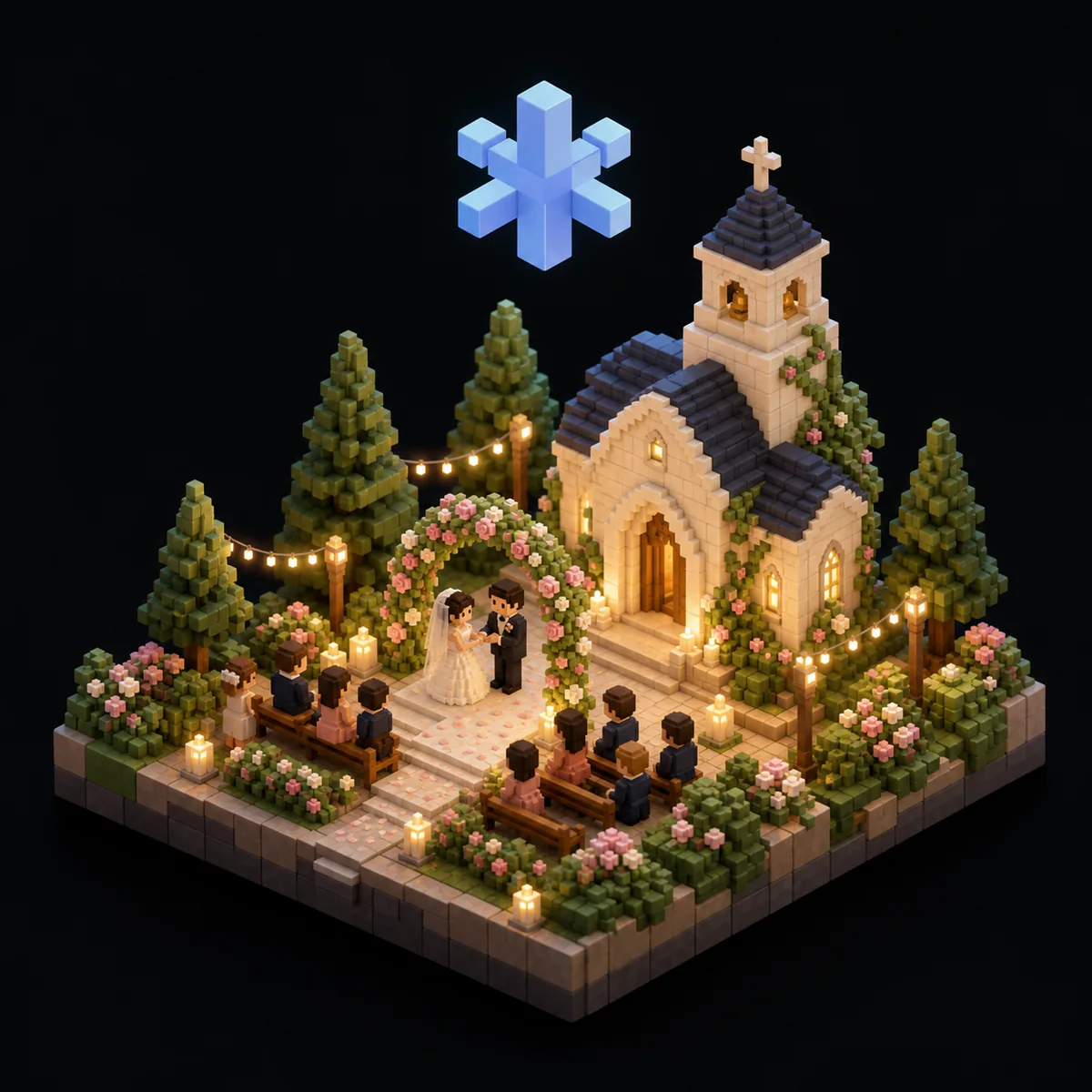 Voxel-style wedding reception with a framed Toss Cam QR invitation beside the table setting